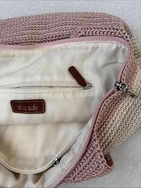 The Sak Crochet Knit Stripe Tote Shoulder Bag Blush Taupe Zip Closure